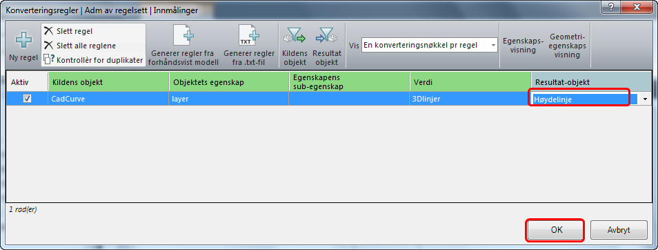 Dialogen for konverteringsregler ser nå slik ut: Pek i feltet for Resultatobjekt og velg objektet Høydelinje slik som vist ovenfor. Trykk på OK knappen.