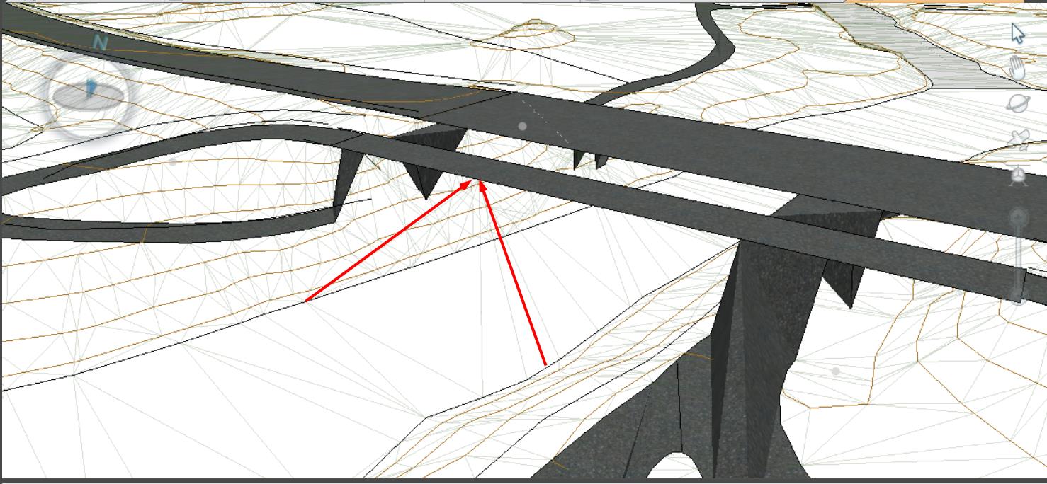 7. I noen områder, for eksempel ved broer, har trianguleringen inkludert linjer fra broen som en ikke ønsker at terrengoverflaten skal beregnes