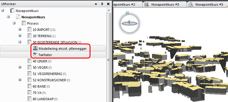 15. Pek på oppgavene Takflater og Modellering eksist. Yttervegger i utforskeren. Trykk høyre museknapp og velg Vis i 3D. Bygningen ser nå slik ut: 16.