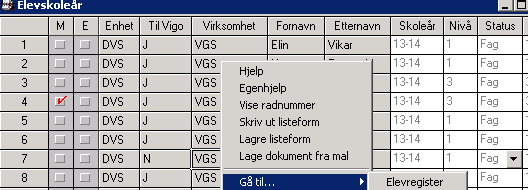 Tips&triks - Elevskoleår Fra Elevregister i listeform er det mulighet for å markere ønsket antall elever og velge Gå til Elevskoleår.