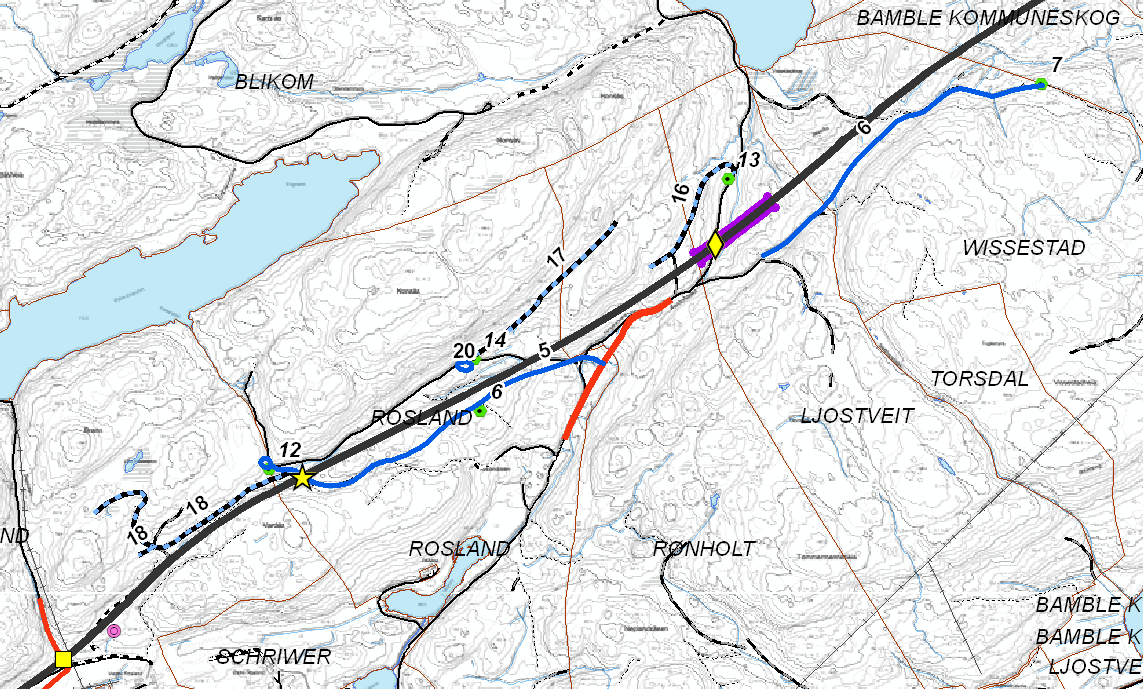 Ny traktorvei (nr. 3) er lagt nord for E18. Leggeplassen (id 5) er plassert i starten av veien. Vei nr. 4 viser kobling til ny planlagt vei, og plassid. 4 viser leggeplass i område.