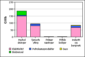 Figur 8 - Brukergruppens forbruk i 2005. Kilde Hafslund LEU Figur 8 viser hvordan energiforbruket til brukergruppene ble fordelt på de ulike energibærerne i 2005.