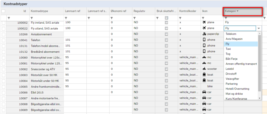 Kategorisere kostnadstyper i forhold til OCR scanning Ny kolonne for kategori som benyttes for OCR