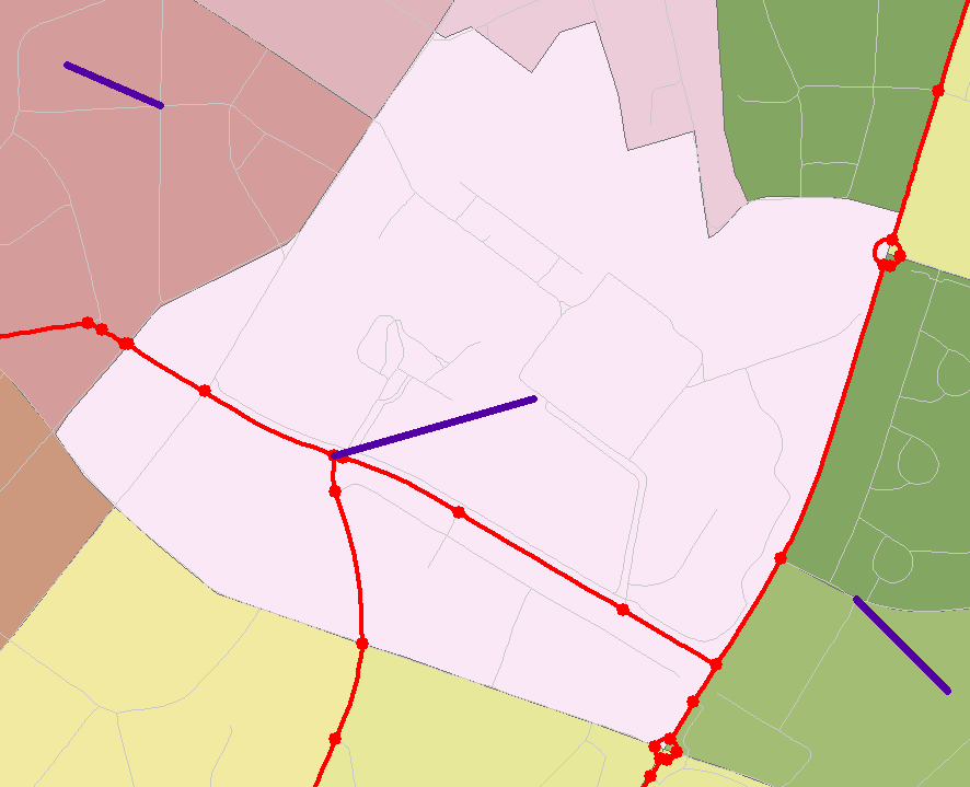 til høydeforskjeller. Vegnettet i dagens transportmodeller er detaljert slik at det kan forekomme flere holdeplasser i en grunnkrets. Figur 3.6 viser en grunnkrets med et soneskaft (lilla strek).