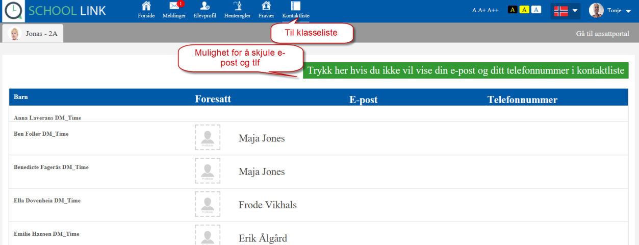 6. Klasseliste - kontaktliste I klasselisten vises elevene og navn på foresatte i klasser du har tilknytning til.