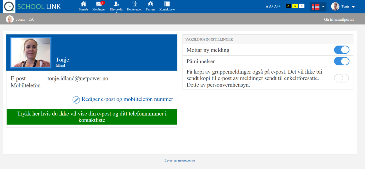 Fra din foresatt-profil kan du også redigere din e-postadresse og ditt mobilnummer, samt velge om du vil vise eller skjule din kontaktinformasjon (inklusive bilde) i dine