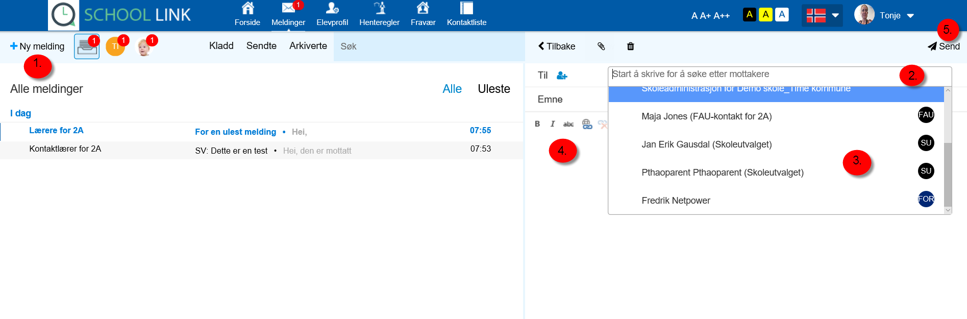 3.1. Sende melding til skolen Du kan sende meldinger til ansatte som har tilknytning til dine barns grupper. For skole vil dette typisk være kontaktlærer og faglærere for klassen.