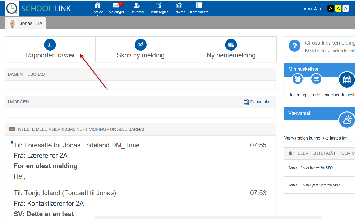 4. Fravær 4.1. Melde fravær til skole Fra forsiden, trykk på "Meld fravær": I fraværsvinduet velger du først hvilket barn du vil melde fravær for, fra nedtrekkslisten.