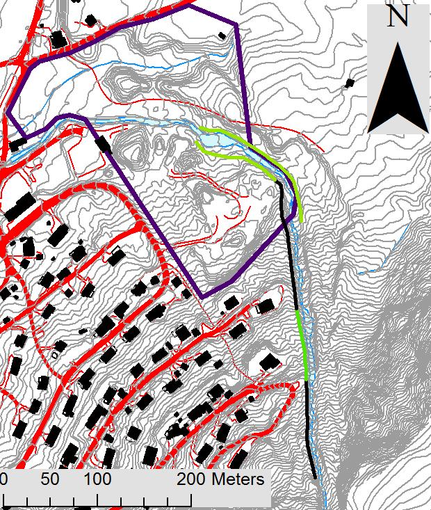 6 15 4 5 3 2 1 Fig. 12 Kart som viser kvar eksisterande sikringstiltak må utbetrast (svarte strekar) og kvar det må leggjast opp nye flaumvollar/erosjonsvern.