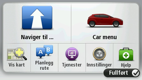 Når navigasjonsenheten og bilen er sammenkoblet, vises "Car Menu"-knappene i hovedmenyen på navigasjonsenheten.