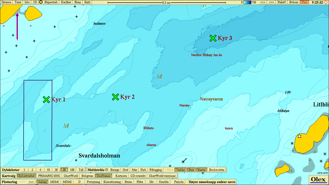 Figur 2.1: Oversiktskartet viser Nærøysundet med omkringliggende områder. Firkant viser kartutsnittet for undersøkelsesområdet ved Kyrøyan. Kart kilde: Olex.. Figur 2.