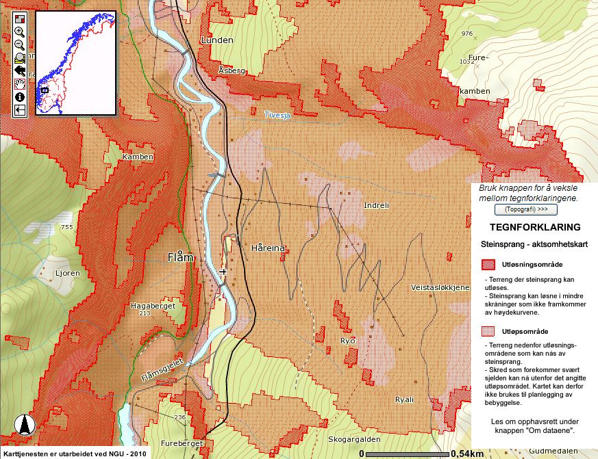 Skredfarevurdering gang- og sykkelveg Flåm 5 For snøskred og steinsprang er det utarbeidet grove aktsomhetskart som viser områder der en skal utøve aktsomhet Ifølge aktsomhetskartet for steinsprang