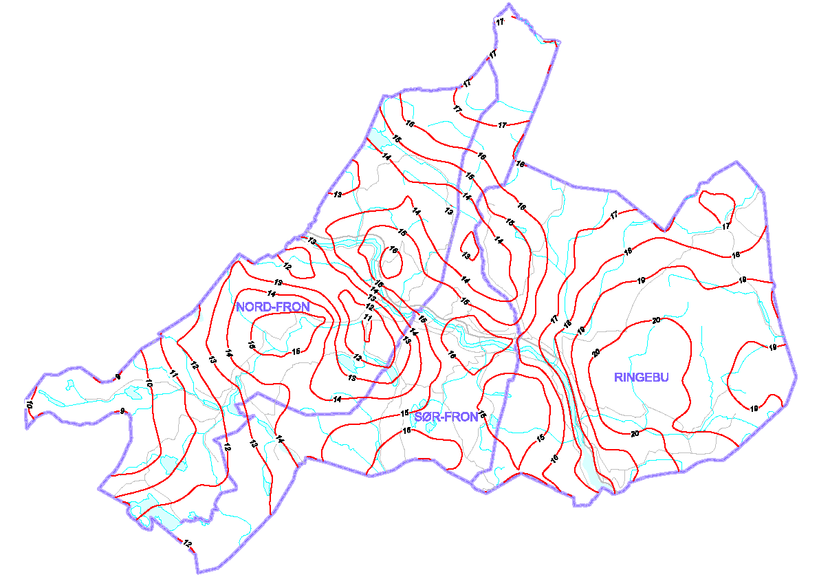 Figur 1Isolinjer, Kartet viser forskjellen mellom NN1954 og NN2000 i centimeter i de ulike områdene av kommunene. I de tre kommunene ligger forskjellen i intervallet mellom 9-20 cm.