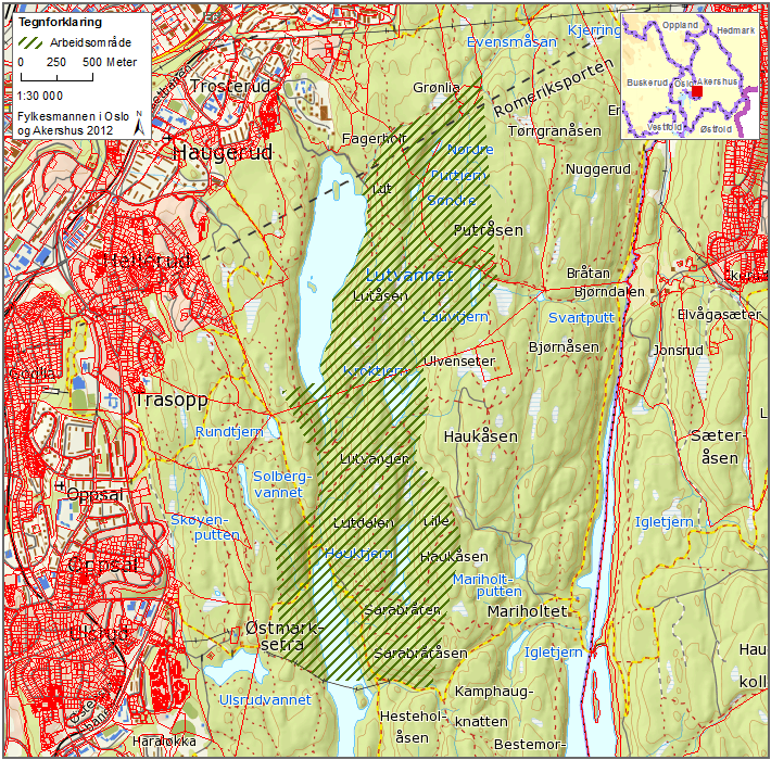 Hauktjern Oslo kommune 3640 dekar kartlagt Området ligger nordøst i Østmarka i Oslo kommune. Sørenden omkranser nordre del av Nøklevann, og området strekker seg nordover på østsiden av Lutvann.