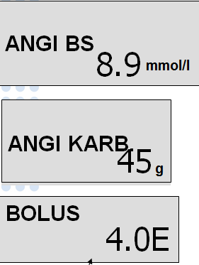 karb: 45g BS: 8.9 Karb: 3.0E Korreksjon: 2.