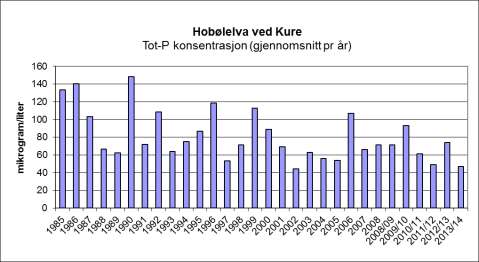 4.2 Sammenligning med tidligere års konsentrasjoner 4.2.1 Elver og bekker til Storefjorden Figur 4.1 viser den gjennomsnittlige konsentrasjonen av totalfosfor (TP) for Hobølelva ved Kure siden 1985.
