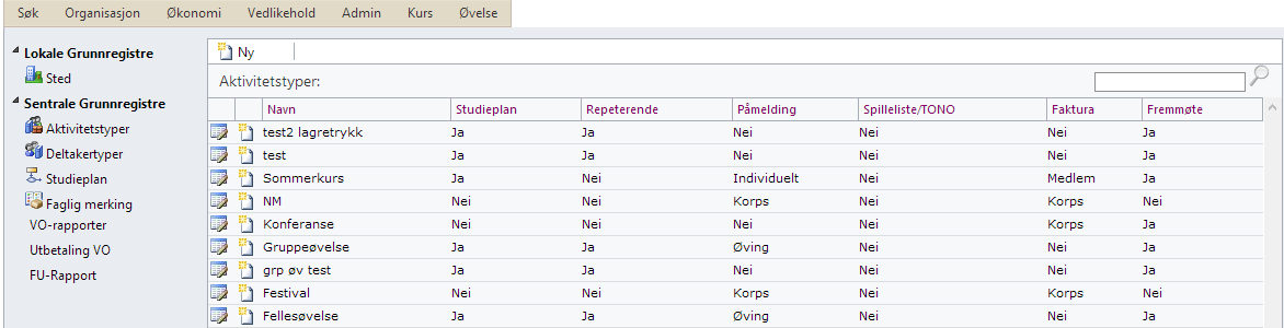 Kursløsning (internt) Studieplan for hendelser det kan rapporteres VO for Repeterende for aktiviteter som øvelse Påmelding for aktiviteter med intern eller