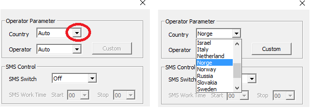 Operator parameter (fig. 10) Country : Velg Norge i rullgardinmenyen. Operator : Velg Netcom eller Telenor i rullgardinmenyen avhengig om du har abonnement/sim-kort fra Netcom eller Telenor.