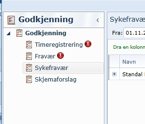 1. Godkjenne søknad om ferie og permisjon Trykk på knappen Godkjenning i venstre meny-side. Det vil være et rødt utropstegn der dersom det ligger noe som skal godkjennes. Trykk på knappen Fravær.