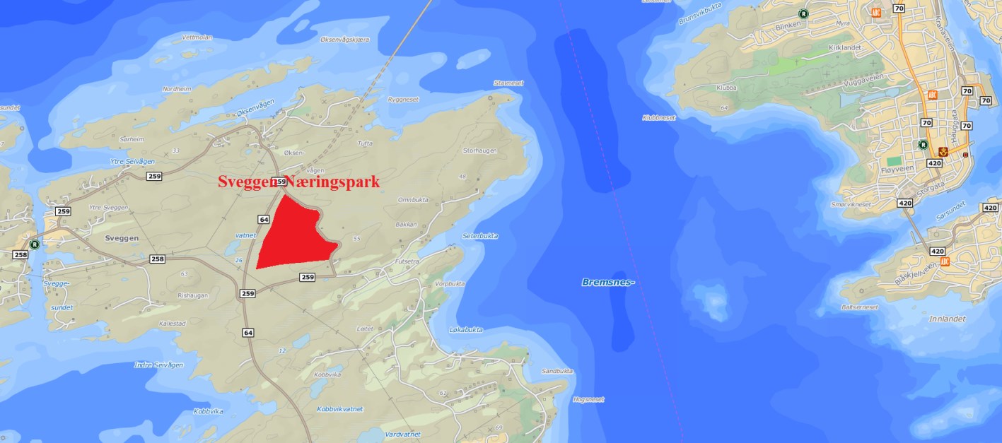 Figur 1. Oversiktskart. Planområdet for Sveggen Nøringspark Sakshistorikk Averøy formannskap i sak 84/2013, møte 27.08.13, gitt tillatelse til oppstart regulering for Sveggen Næringspark.