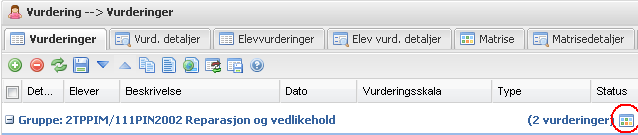4.8 Matrise På fane Matrise får du en totaloversikt over alle vurderingene for en faggruppe i ett skjermbilde. Klikk på Matrise-ikonet til høyre for gruppenavnet i fane Vurderinger.