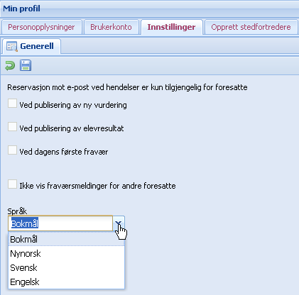 Innstillinger (her kan du velge språk og foresatte kan reservere seg mot e-post varsling) Opprett stedfortredere (her kan du velge hvem som kan føre f.