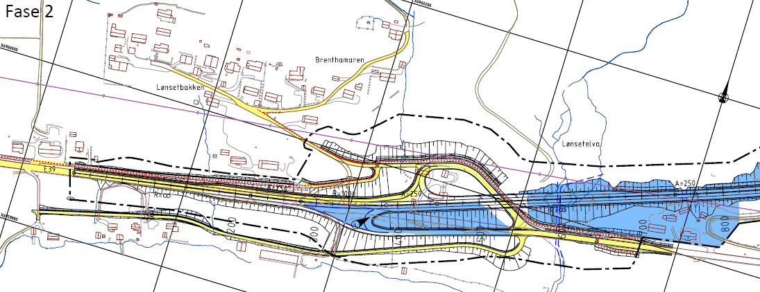Oppdragsnr.: 5162086 Dokumentnr.: RA-001 Versjon: 01E Fase 1 I denne fasen, vist i Figur 17, omdirigeres trafikk på eksisterende E39 til avkjøringsrampe østgående.