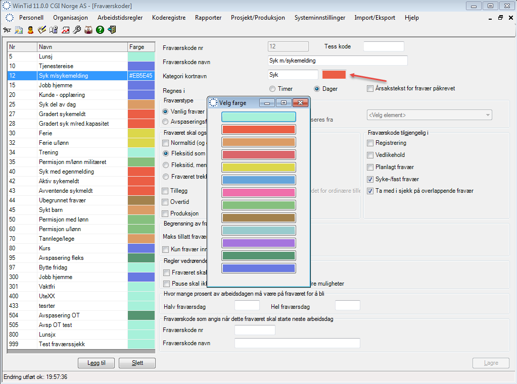 3. Valg av farge på fraværskoder Som standard er alle fraværskodene representert ved en turkis farge.