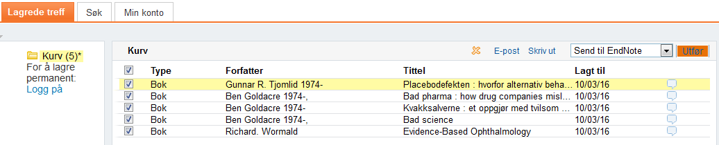 Metode 2: Send flere treff på en gang 1. Trykk på stjernen for å lagre et treff: Klikk på stjernen for å lagre et treff Etterpå finner du lagrede treff her 2.