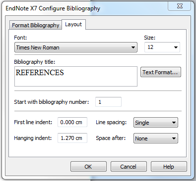 Referanselistens/bibliografiens layout Bibliography: Ved å klikke på pilen i hjørnet får du opp en dialogboks med flere muligheter for å tilpasse oppsett (layout) på referanselisten: Klikk på