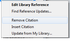 En dialogboks kommer opp: Klikk på pilen ved Edit Referencemenyen til høyre for referansen. Velg Remove Citation. Klikk på OK for å komme tilbake til dokumentet.