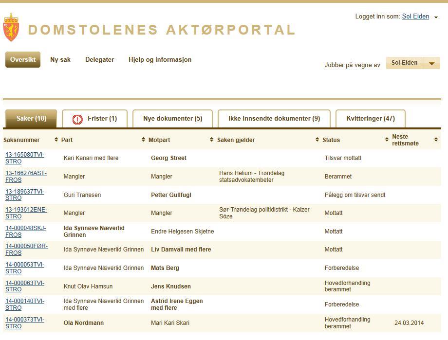 Gjennomgang av domstolenes aktørportal Etter at du har registrert informasjon under "Min profil" og godtatt brukervilkårene får du tilgang til selve Aktørportalen.