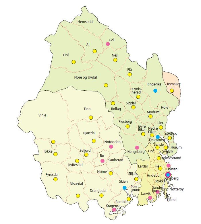 12 geografiske driftsenheter totalt 43 tjenestesteder Telemark 4 og 16: Vestmar (Kragerø, Drangedal, Nissedal) Grenland (Skien, Porsgrunn, Bamble, Siljan) Midt- og Vest-Telemark (Seljord, Bø og