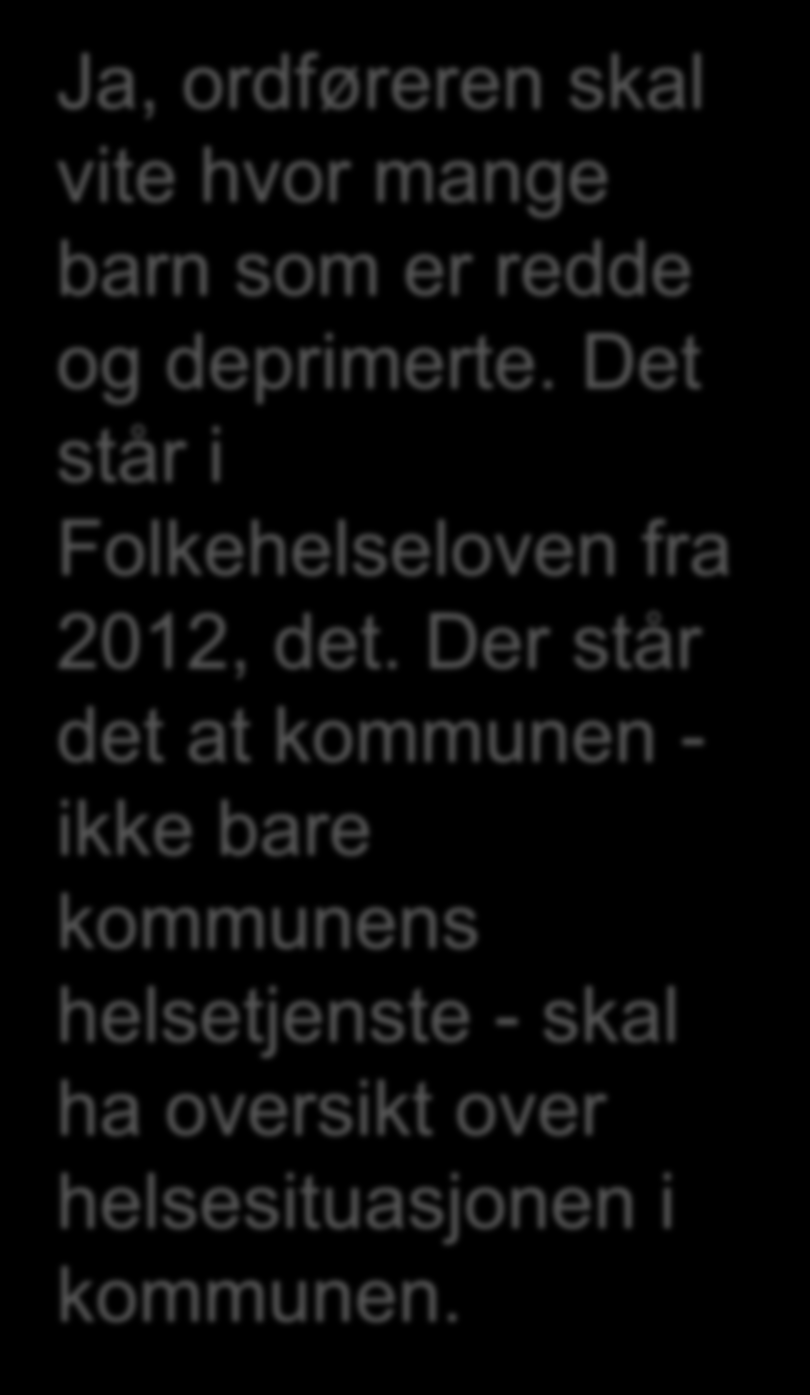 Lov om folkehelse, 2012 Ja, ordføreren skal vite hvor mange barn som er redde og deprimerte.