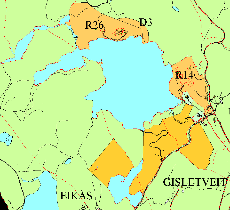 Oppsummering med kart: I området rundt og nær Ufsvatn ligger det 2 områder som er regulert fra før: R26 og R14. Disse områdene er delvis bebygd med hytter.
