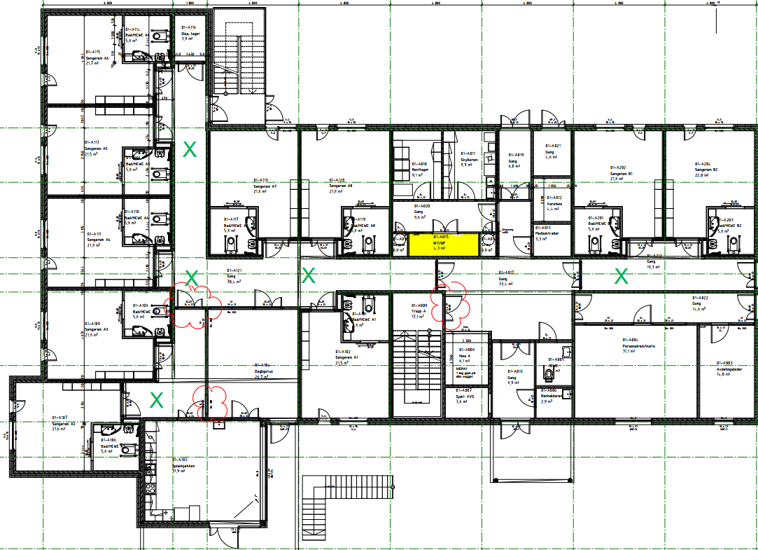 Figur 1: Eksempelskisse der plassering er markert med grønt kryss. Rom for IKT-underfordeling (der gateway er plassert) er markert i gult.