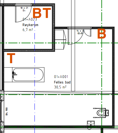 Figur 2: Eksempelskisse som illustrerer mulig plassering av snortrekk og avstillingsbryter (KNX-rompanel) i fellesareal. T = snortrekk og B = Bryter.