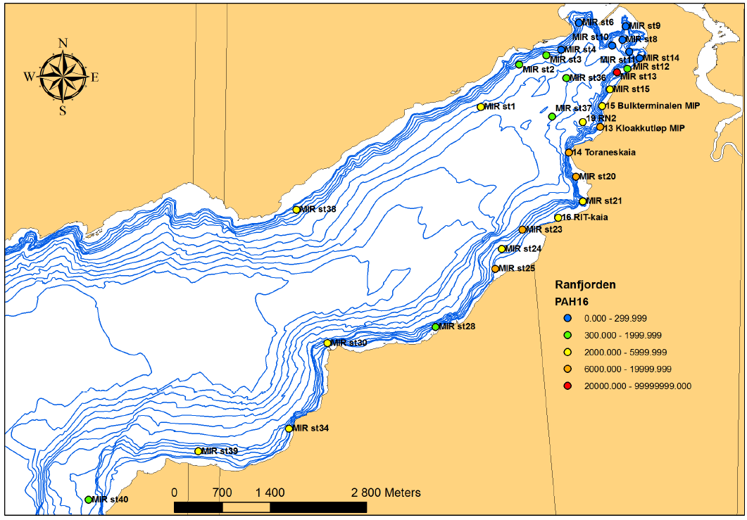 6 (9) 3.2 Sedimenter i Ranfjorden Sedimentene i Ranfjorden beskrives som svært forurenset av PAH og krom.