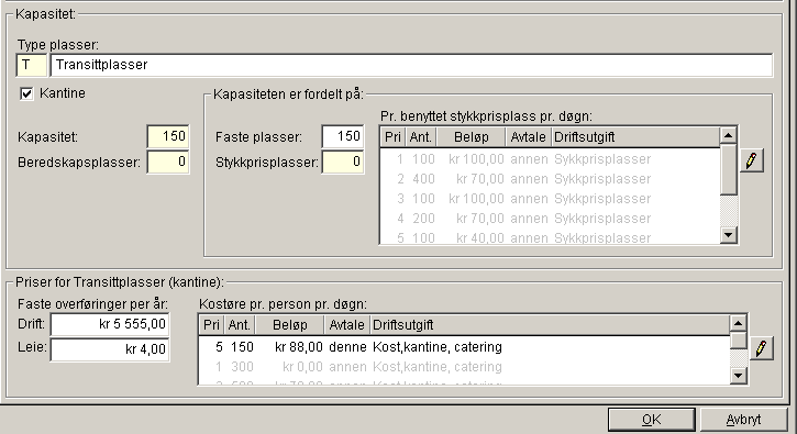 Enkel avtale med kantine Kantine vil si at det er haket av for Kantine i seksjonen Kapasitet. Det kommer da opp en egen tabell nederst i bildet, Kostøre pr person pr døgn.