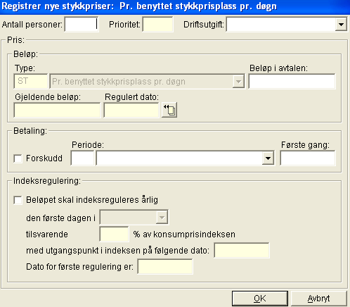 Skjermbildet Registrer nye stykkprisplasser: Pr benyttet stykkprisplass pr døgn åpnes. Registrer følgende opplysninger fra driftsavtalen: Antall personer (NB feltet har feil navn.