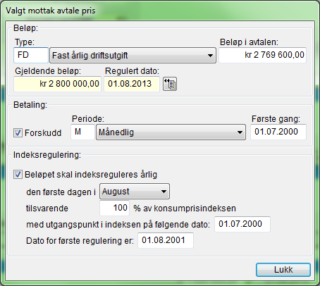 I skjermbildet Legg inn informasjon om indeksregulering fra avtalen. Eller endre eksisterende informasjon. Trykk Lukk Velg ev neste Type pris i skjermbildet og gjør det samme for neste type pris.