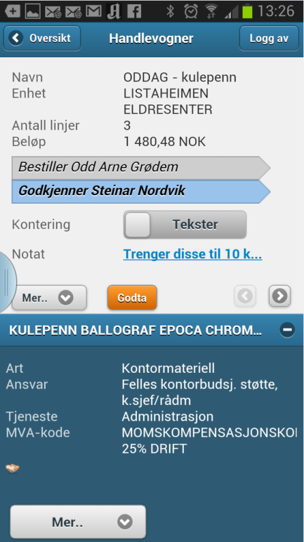 Dersom det er et notat på handlevognen vises begynnelsen av dette i headingen. Om du vil se det klikker du på notatet og du får frem detaljer.