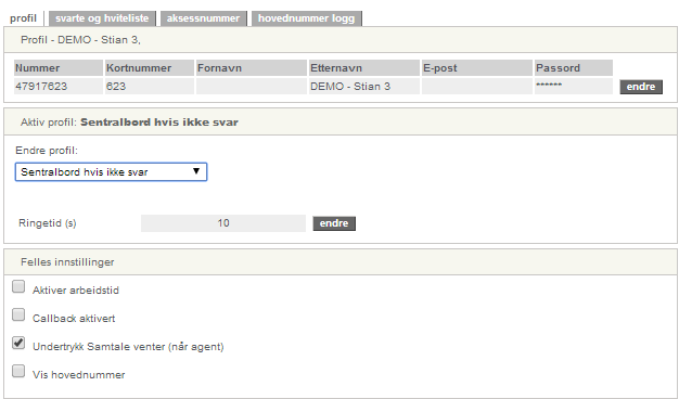 Administrator Oversikt over brukerens profilstyring Ser aktiv profil kan endre denne ved hjelp av rullegardinen Ringetid i sekunder hvor lenge det ringer på brukerens nummer før profilvalget slår