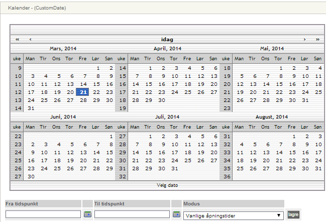 Kundestyrte moduler Kalender Denne modulen brukes ved hendelser utenom vanlig arbeidstid, som for eksempel påskeferie, juleferie ol.