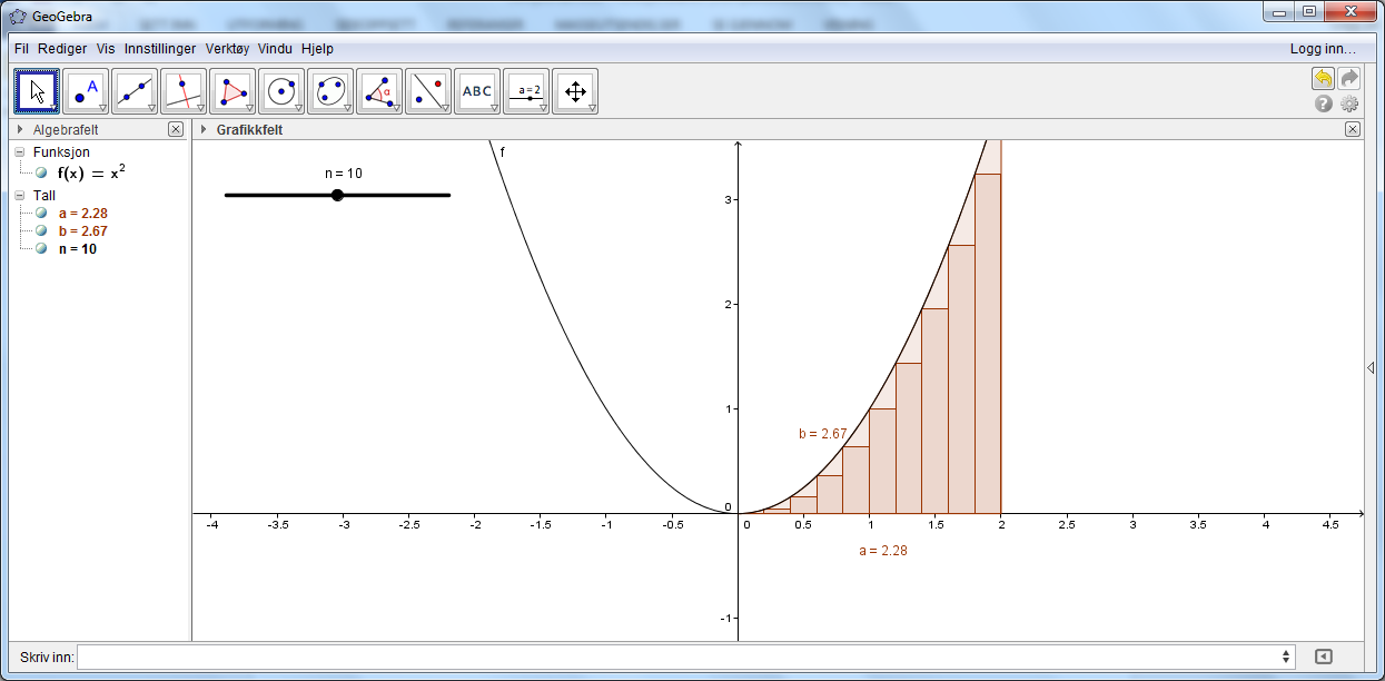 SumUnder[ <Funksjon>, <Start>, <Slutt>, <Antall rektangler> ] Her erstatter du <Funksjon> med f, <Start> med 0, <Slutt> med 2 og <Antall rektangler> med n slik at funksjonen ser slik ut: