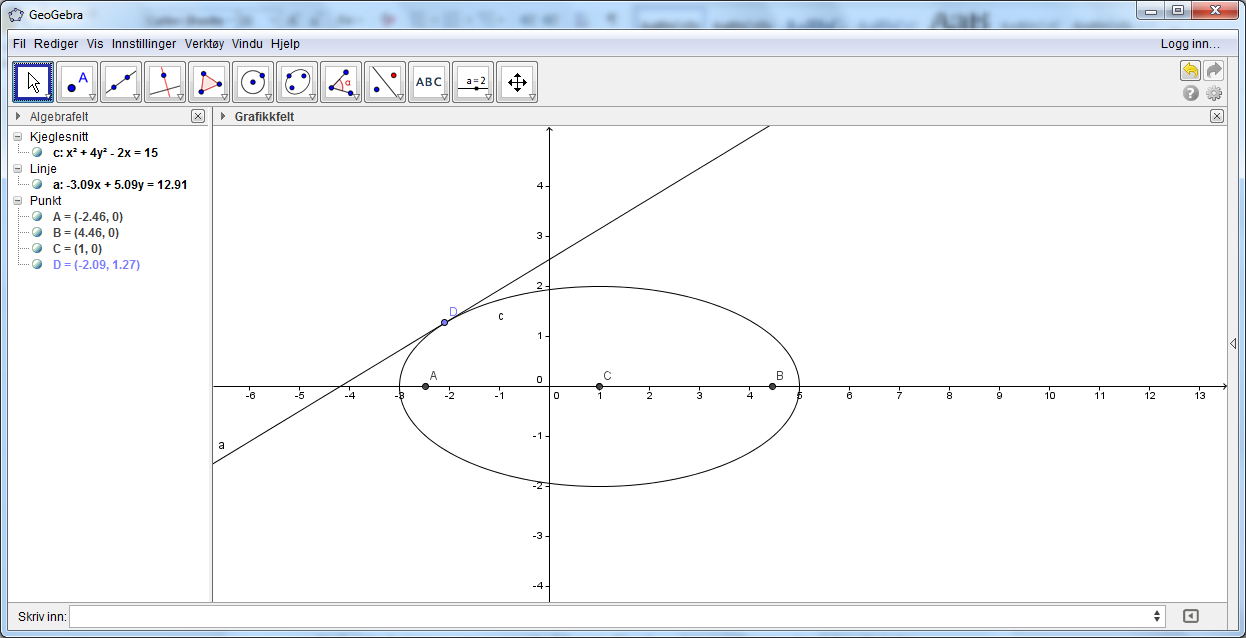 Vi kan også tegne opp en tangent og beregne likningen for denne ved hjelp av GeoGebra. Start med å definere et punkt som ligger på kurven. Det er det samme hvor du legger punktet.