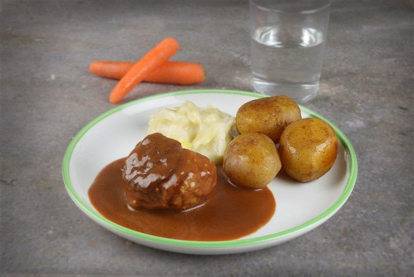 TIRSDAG KJØTTKAKE I BRUN SAUS MED POTETER OG KÅLSTUING Allergener: Kjøttkaker: Melk Brun saus: Gluten, melk, selleri, sennep Kålstuing: Melk Beskrivelse av oppvarming og menge per porsjon Brun saus