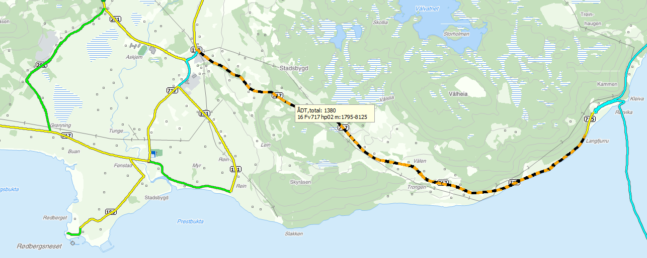 KOMMUNEDELPLAN OG KONSEKVENSUTREDNING 13 (32) 5. DAGENS FORHOLD 5.1 Vegstandard Fv. 717 er hovedveg fra Rørvik via Stadsbygd til Rissa.