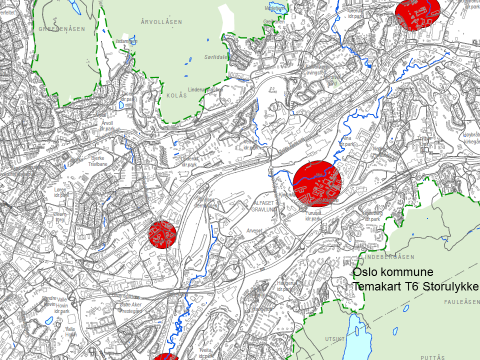 Fig. 4: Utsnitt av temakart for storulykkerisiko i Oslo De røde sirklene angir en ytre avgrensning av hensynssonene i temakartet. Til sonene er det gitt følgende bestemmelser: 9.