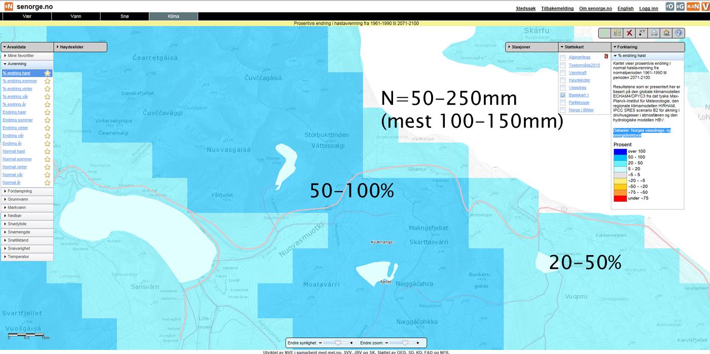 Vedlegg 11 Kartet viser prosentvis endring i normal høstavrenning fra normalperioden 1961-1990 til perioden 2071-2100.